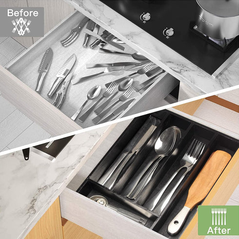 Ayiaren Kitchen Wood Utensil Tray Drawer Organizer, 14.6"x9.5" Black Bamboo Silverware Divider for Flatware and Cutlery