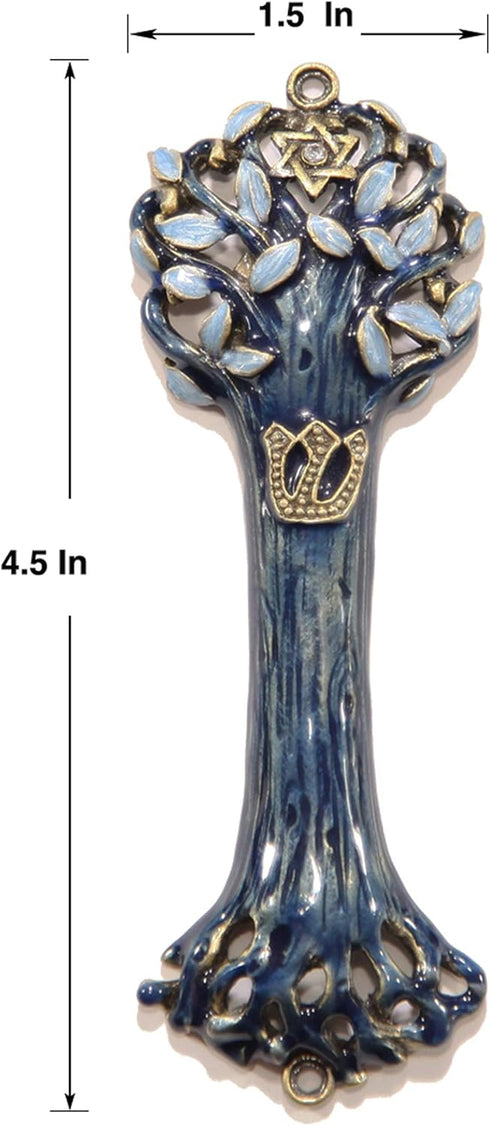 Bless This House Mezuzah Case, Wooden Texture Design with David Star, Blue Indigo Color for Jewish Homes