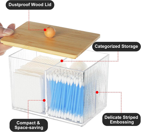 Wood Lid Qtip Holder - Clear Bathroom Cotton Ball Canister for Cotton Swabs, Dental Floss, Hair Bands for Vanity