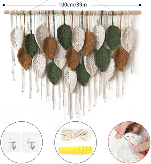 39"W 29.5"L KHOYIME Large Macrame Wall Hanging Boho Woven Tapestry, Chic Home Decor Modern Bohemian Handmade Leaf