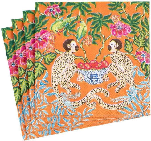 Caspari Monkeys Paper Cocktail Napkins - Two Packs of 20 in Orange