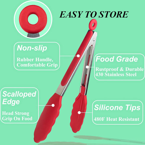 HST 3 Pack Kitchen Tongs, Non Stick Stainless Steel 9 Inch Tongs with Silicone Tip for Cooking BBQ Baking