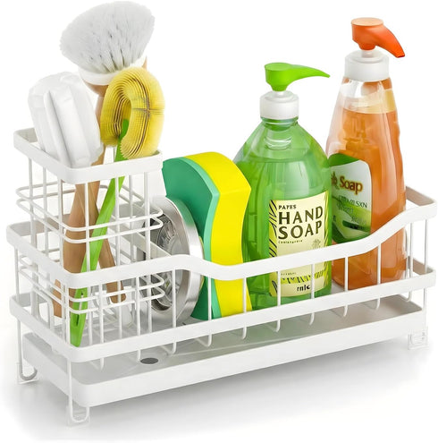 Countertop Sponge Holder for Kitchen Sink, Rustproof Sink Caddy Organizer with Dish Brush Holder, Self-Draining Kitchen