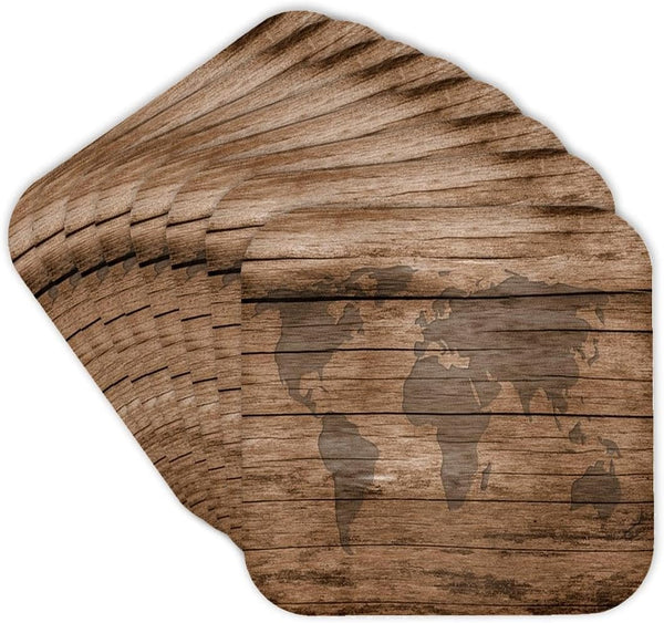 3dRose CST_205047_2 Print of Map of World on Wood Soft Coasters, Set of 8