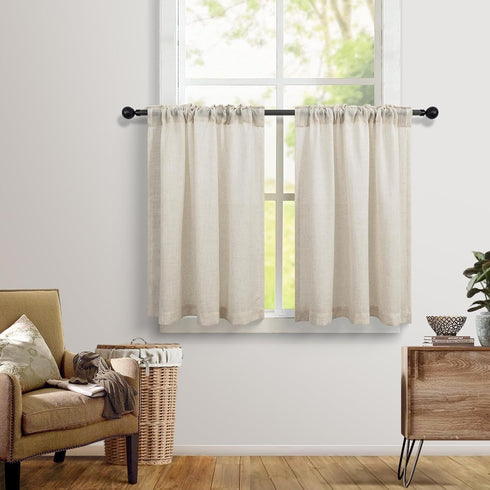 Burlap Kitchen Curtain Over Sink Window Set Farmhouse 30 Inch Length Small Bathroom Window Curtain Back Tab Pocket Linen Coastal Rustic Earth Tone Short Curtain Tier for Laundry Bay Window 36x30 Beige