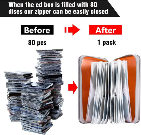 CD Case Holder, 80 Capacity Hard Plastic CD/DVD Storage Binder for Car, Home, Office, Travel (Orange)