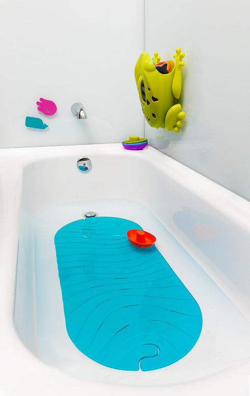 B11192 Boon RIPPLE Textured Non Slip Baby Bath Tub Mat with Hanging Hook and Drain Holes, Blue