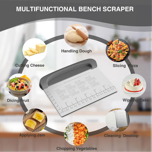 Bench Scraper Dough Cutter Tool - Stainless Steel Kitchen Dough Scraper for Bread, Cake & Pizza