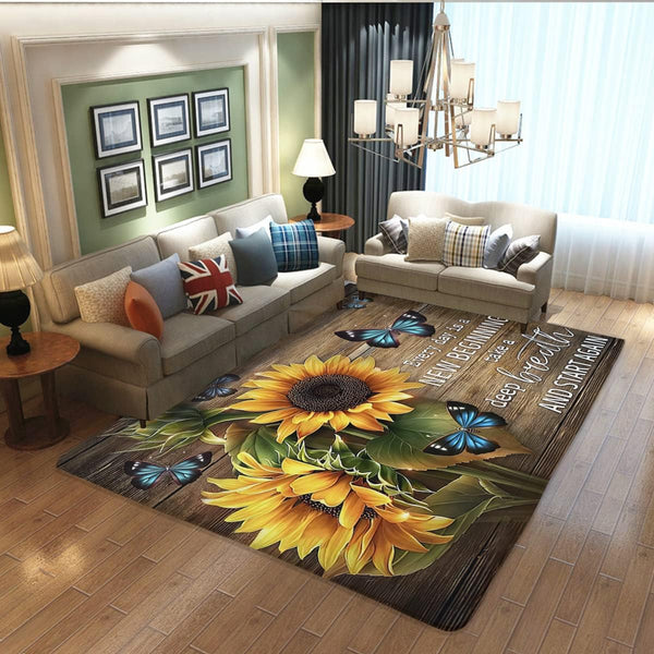 Area Rug, Butterfly Sunflower on Wooden Board Non-Slip Mat for Kitchen, Bedroom, Living Room Decor