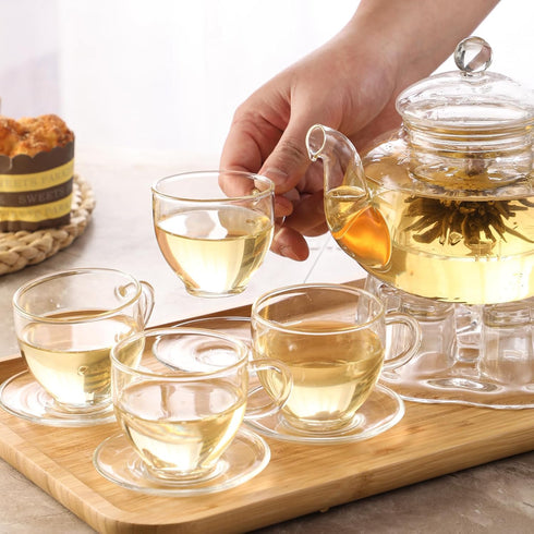 Set, 34OZ/1000ML 5oz/150ML Set 4, Set Glass Teapot Glass Tea Kettle with Loose Tea Infuser & Warmer, Tea Cup & Saucer