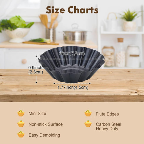 Egg Tart Molds, 12 PCS Non-Stick Very Mini Tart Pans, Mini Tart Mold 3 InchTop, 1.7 Inch Bottom, 0.9Inch High, Carbon Steel, Kitchen Reusable Baking Tools. by RICHSC-PAN