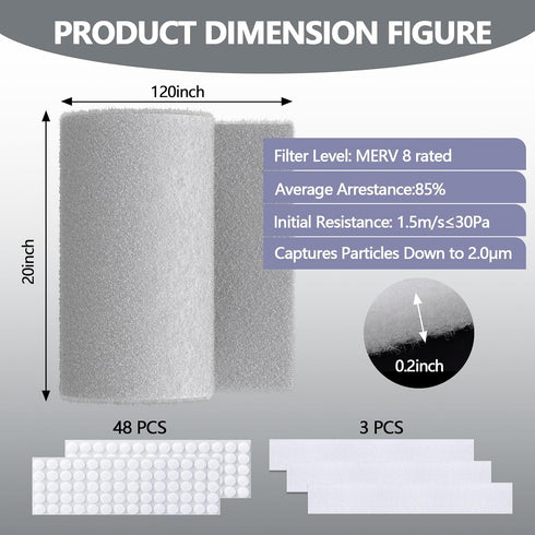 20" 120" 8 48Pcs x Cut to Size Air Filter Material, MERV Triple Air Vent Filters, HVAC Furnace Filters Kit Vent Filter