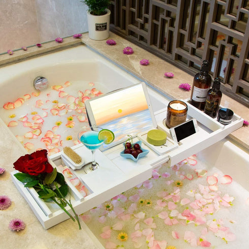 Luxury Bath Bathtub Caddy Tray - Expandable Bamboo Waterproof Over Tub Table with Wine, Book Holder & Free Soap Dish