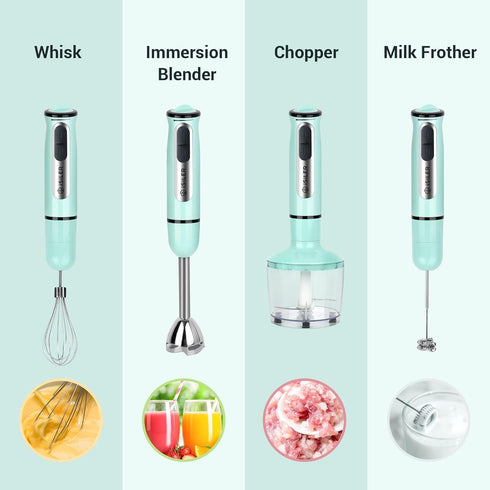 ISILER Immersion Hand Blender, 500-Watt 5-in-1 Stick Blender with 860ml Food Chopper, 600ml Container, Milk Frother,