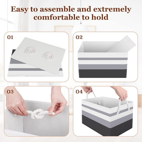 Collapsible Storage Bin, Large Storage Basket for Organizing, 3 Pack with Rope Handles, Gradient Grey Storage Containers