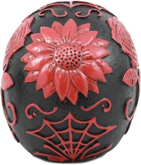 Ebros Day of The Dead Spider Web Floral Red Rose Skull Figurine - DOD Floral Black Sugar Skull Statue 5" L