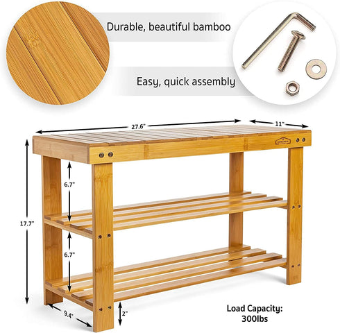 3 Bamboo Tier Shoe Rack Bench, Premium Shoe Organizer or Entryway Bench, Perfect for Shoe Cubby, Entry Bench, Bathroom