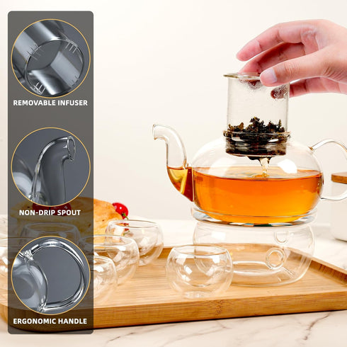 Set, 27OZ/800ML 6 Set Glass Teapot Stovetop Safe Glass Tea Kettle with Small Double Wall Tea Cups & Loose Tea Infuser
