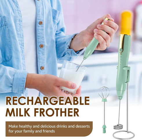 Powerful Handheld Milk Frother - Rechargeable Electric Foam Maker, Whisk Drink Mixer for Latte, Cappuccino, Matcha