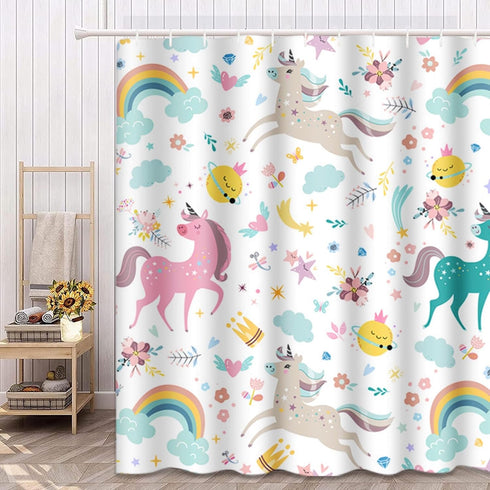 Emvency Shower Curtain - Kids Rainbow Blue Pattern Unicorns, Pink Baby Girl, Waterproof Polyester Fabric