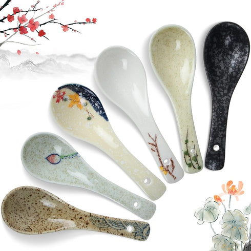 6 Pieces Japanese Retro Ceramics Soup Spoons, Asian Chinese Serving Spoons for Ramen, Noodles, Wonton
