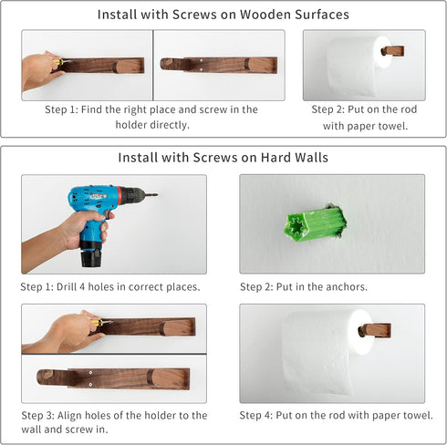 Wood-Paper-Towel-Holder-Under-Cabinet-Kitchen-Handmade - Wall Mounted/Adhesive No Drill Sturdy Roll Hanging Organizer