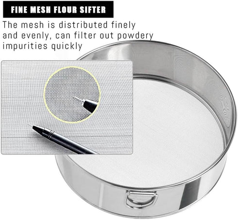 Flour Sifter Stainless Steel Fine Mesh Strainers, 11.8 Inch 60 Mesh Round Flour Sieve for Baking Cake and Bread
