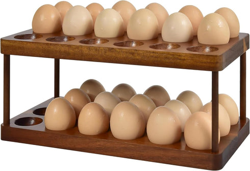 Wooden Double Layer Egg Holder, 36 Capacity Farmhouse Kitchen 2 Tier Fresh Egg Storage Rack for Countertop