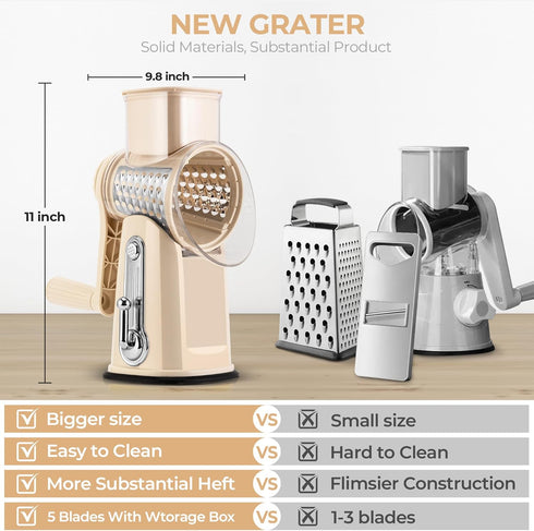5 SUSTEAS Rotary Cheese Grater with Handle - Vegetable Shredder with Well-designed Blades & Strong Suction Base,Round