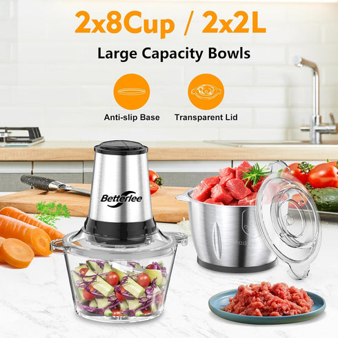 Betterlee Electric Food Processor, Meat Grinder with Two 8 Cups Bowls, 2 Speed Onion Chopper for Meats