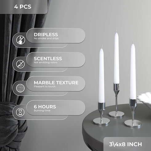 CANDWAX Set of 4 White Taper Candles 8 inch Dripless - Ideal Smokeless Unscented Dinner Candles - Long Burning Hand