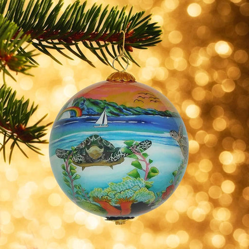 Collectible Hawaiian Glass Ornament, Hand Painted Sea Turtles in the Sunset with Gift Box