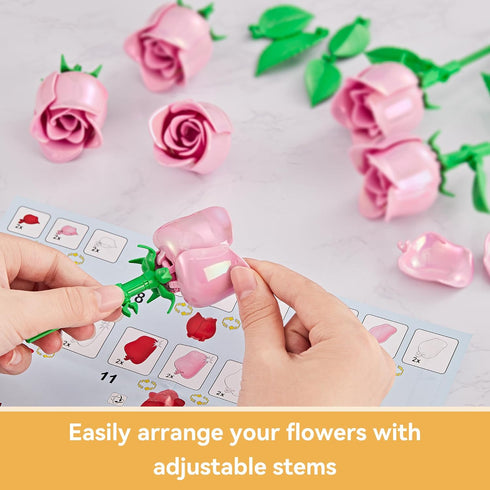 EWED Set: 6-Pack Rose Flower Bouquet Building Artificial Flowers Botanical Collection Blocks Kit for Women Girls Wife