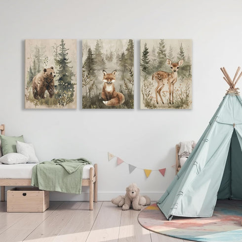ICHZUMW 12x16in, Set 3 Woodland Animals Nursery Wall Decor, Nursery Wall Art, Watercolor Bear Fox Deer Painting Print