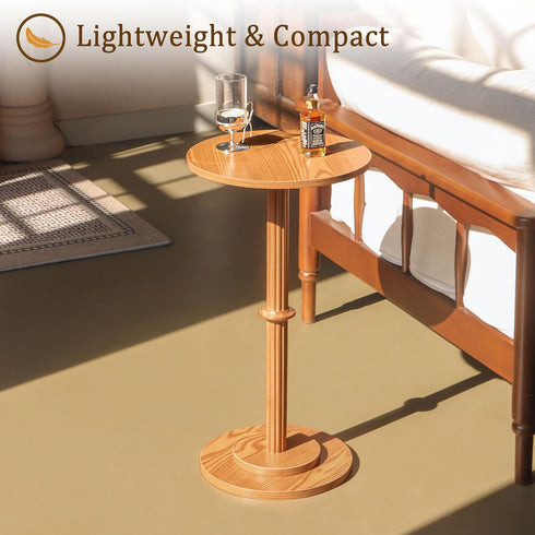 Modern Small Round Drink Table with Fluted Wood Legs - Brown Accent Table for Compact Spaces