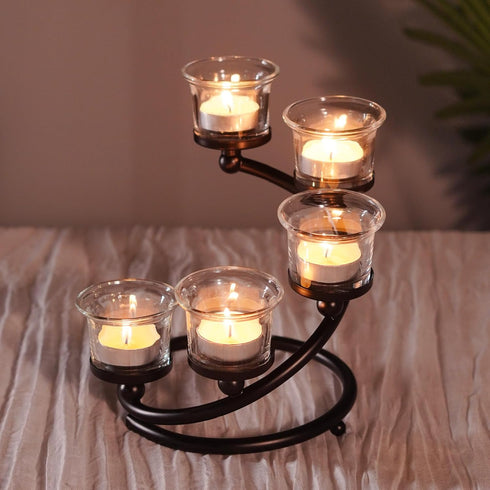 2Pcs 5-arm Black Metal & Glass Tea Light Candle Holders for Table Centerpiece, Glass Votive Tealight Holders/Candelabra