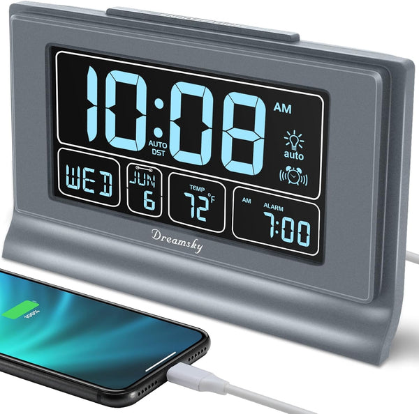 DreamSky Digital Alarm Clock, 5 Inch Large Display, Battery Backup, USB Charging Ports, 12/24H