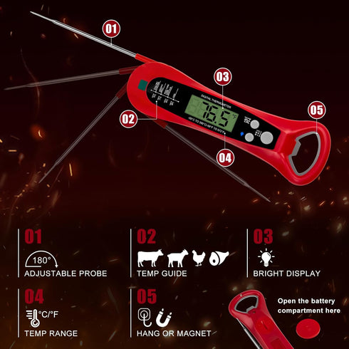 Instant Read Digital Meat Thermometer, Accurate Food Thermometer for Cooking and Baking, Red