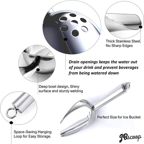 Stainless Steel Ice Scoop with Drain Holes - Heavy Duty, Dishwasher Safe, 6 Ounce Capacity to Reduce Dilution