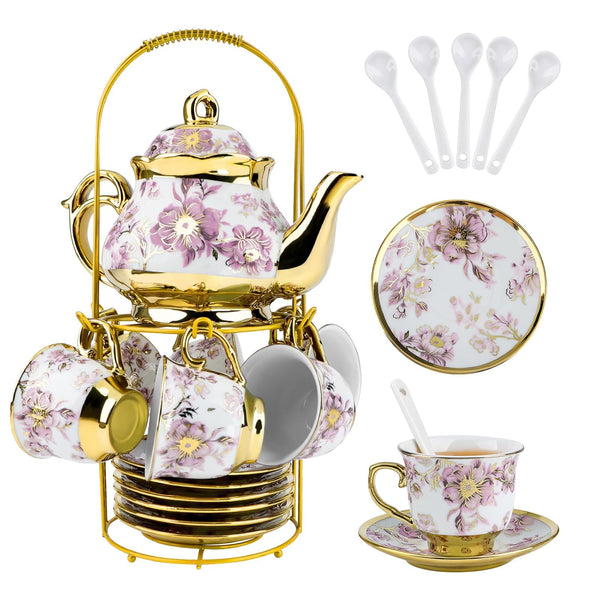 20 Pcs Porcelain Tea Set with Metal Holder European Flower Tea Sets