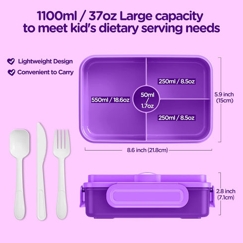 Jelife Lunch Box Kids Bento Box, Large Leakproof 4 Compartments Lunchbox with Utensils for Back to School, Purple