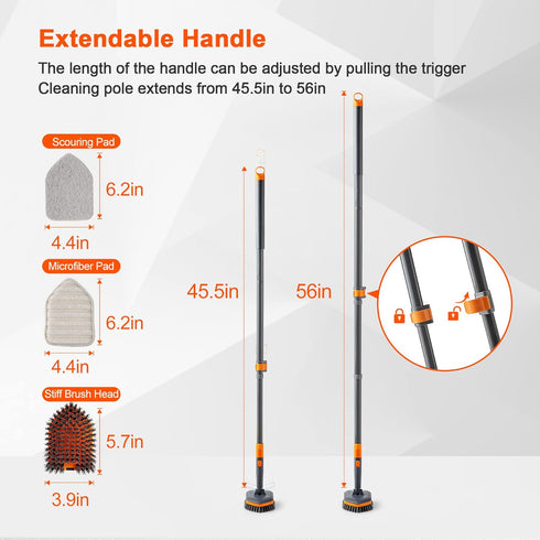 Tile Tub Scrubber Brush with 3 Cleaning Heads, 56" Extendable Long Handle for Bathroom Kitchen Toilet Cleaning