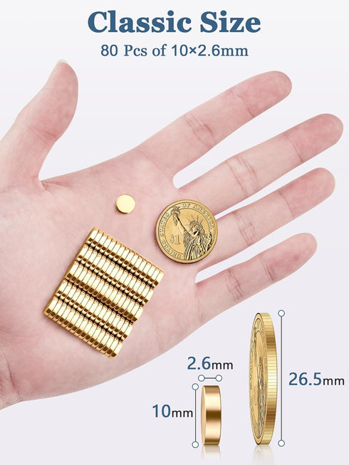 SMARTAKE 80 Pcs Refrigerator Magnets, 10x2.6mm Small Round Fridge Magnets, Multi-Use Premium Neodymium Office Magnets for Fridge, Whiteboard, Billboard in Home, Kitchen, Office and School (Gold)
