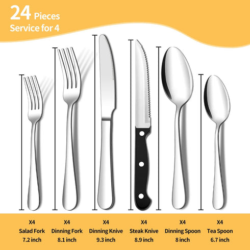 ENLOY 24 Pieces Silverware Set with Steak Knives, Stainless Steel Flatware Cutlery, Include Knife Fork Spoon, Mirror Polished, Dishwasher Safe, Service for 4 by ENLOY