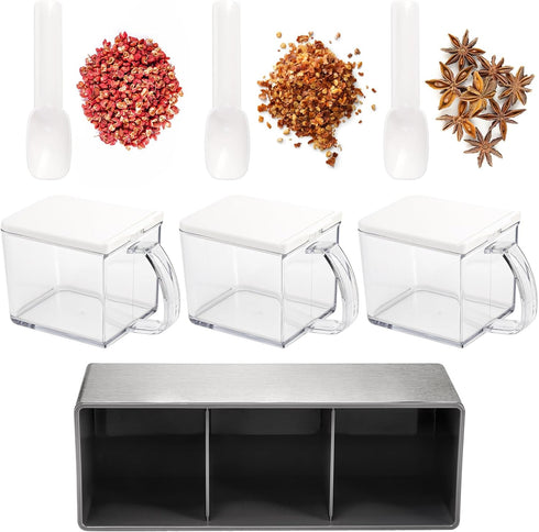 3 ZENFUN Grids Seasoning Organizer Box, Stainless Steel Salt Container with Lid and Spoon, Seasoning Containers