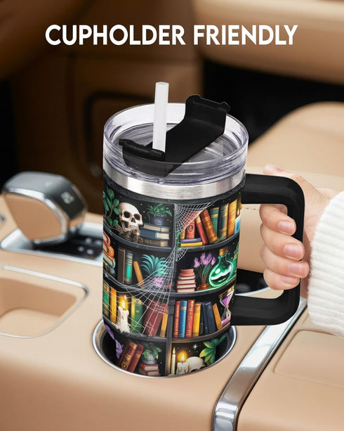 40oz Reading Bookshelf Tumbler With Handle And Straw, Insulated Stainless Steel Travel Cup, Bookish Water Bottle