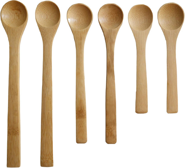 Small Bamboo Spoons Set, Six Multi-size Soup Spoons, Mini Teaspoons for Coffee, Tea, Jam, Herbs, Salts, Desserts