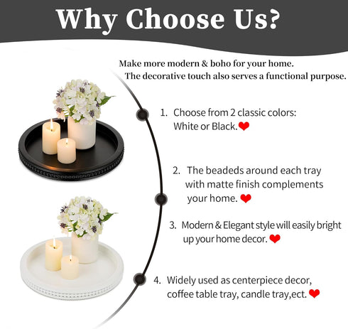 Counter Hanobe Decorative Coffee Table Tray: White Beaded Round Serving Tray Modern Farmhouse Wooden Circle Centerpiece