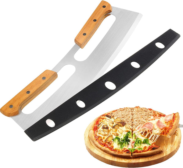 Pizza Cutter Rocker with Wooden Handles & Protective Cover by Zocy, 14" Sharp Stainless Steel Slicer