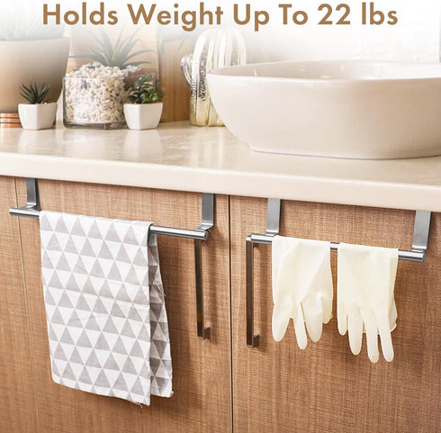 Over Cabinet Towel Bar with Hooks - 14 Inch Brushed Stainless Steel Rack for Bathroom & Kitchen